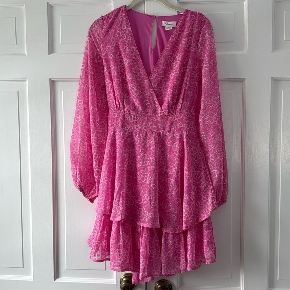 JAPNA BRIGHT PINK FAUX WRAP RUFFLE DRESS SURPLICE FLORAL TIERED MEDIUM PARTY